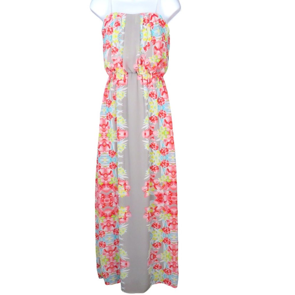 City Triangles Gray and Pink Tropical Floral Strapless Maxi Dress Size S EUC